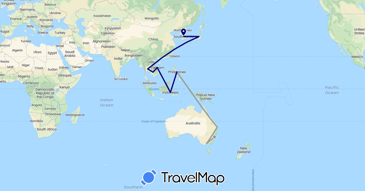 TravelMap itinerary: driving, plane in Australia, Indonesia, Japan, South Korea, Philippines, Thailand (Asia, Oceania)